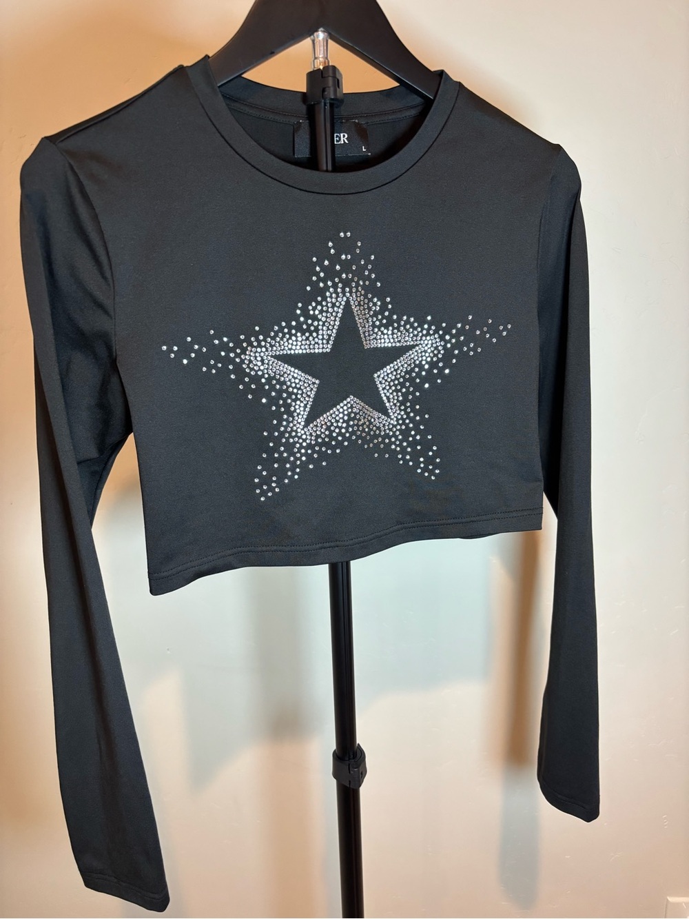 CIDER Black Rhinestone Star Crop Top Size L